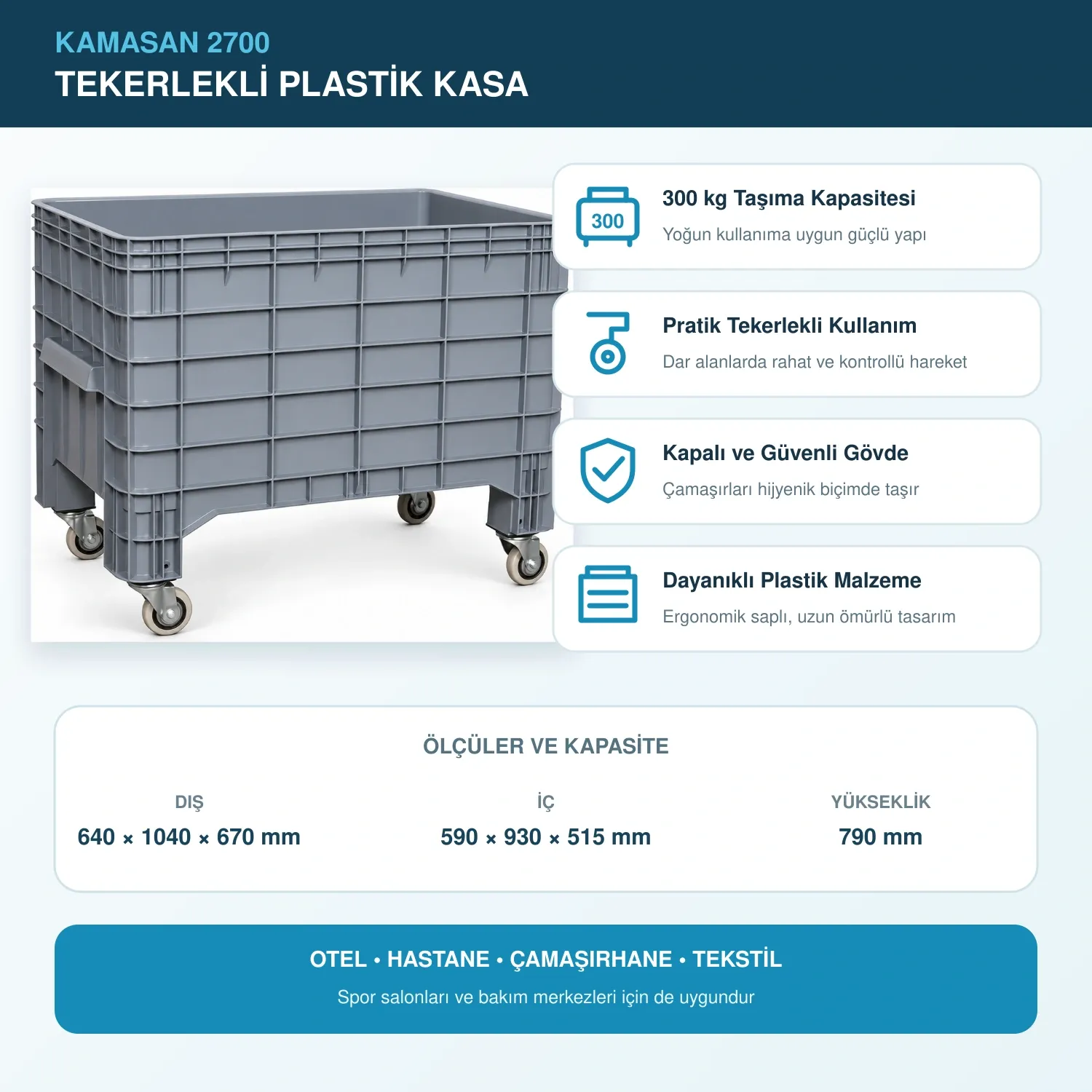 Kamasan 2700 Tekerlekli Plastik Kasa, Kirli Çamaşır Taşıma Arabası